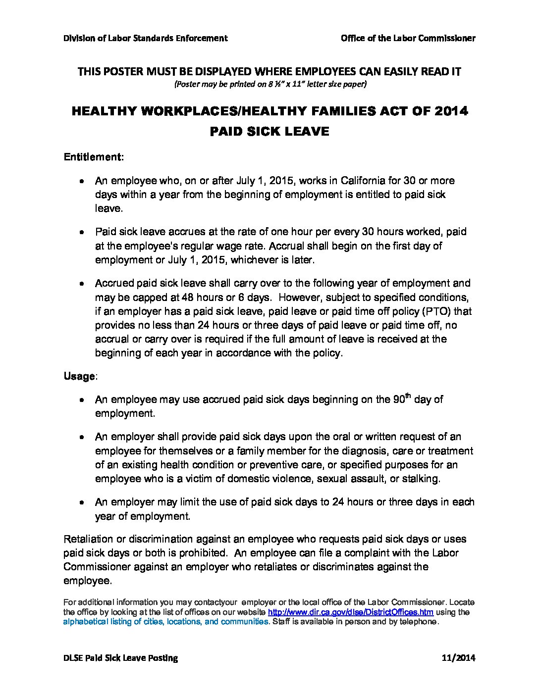 First-page preview of California Paid sick leave