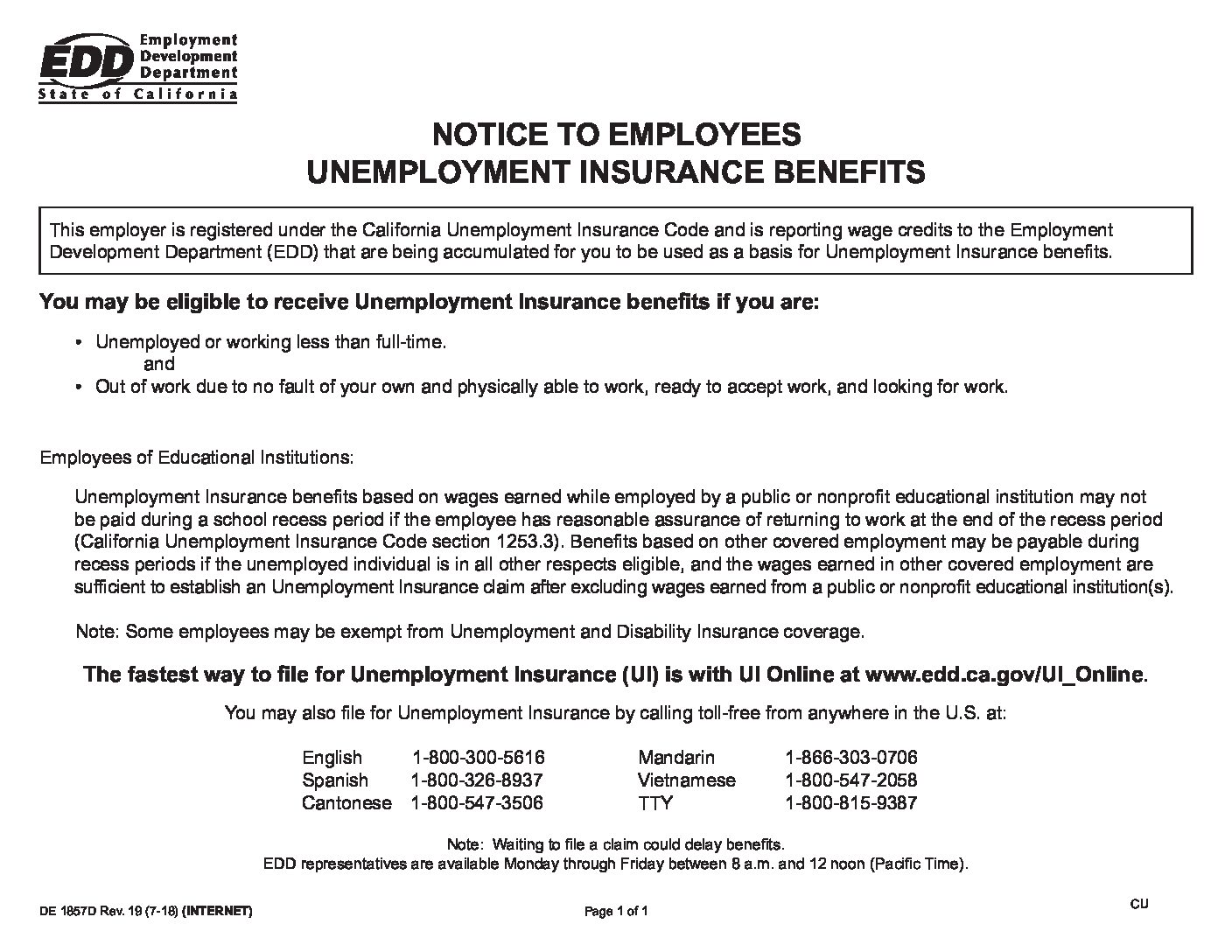 First-page preview of California Notice to employees UNEMPLOYMENT INSURANCE BENEFITS