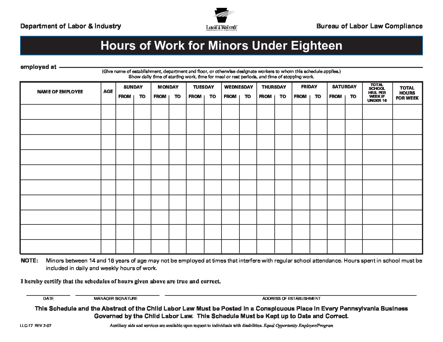 First-page preview of Pennsylvania Hours of Work for Minors Under Eighteen