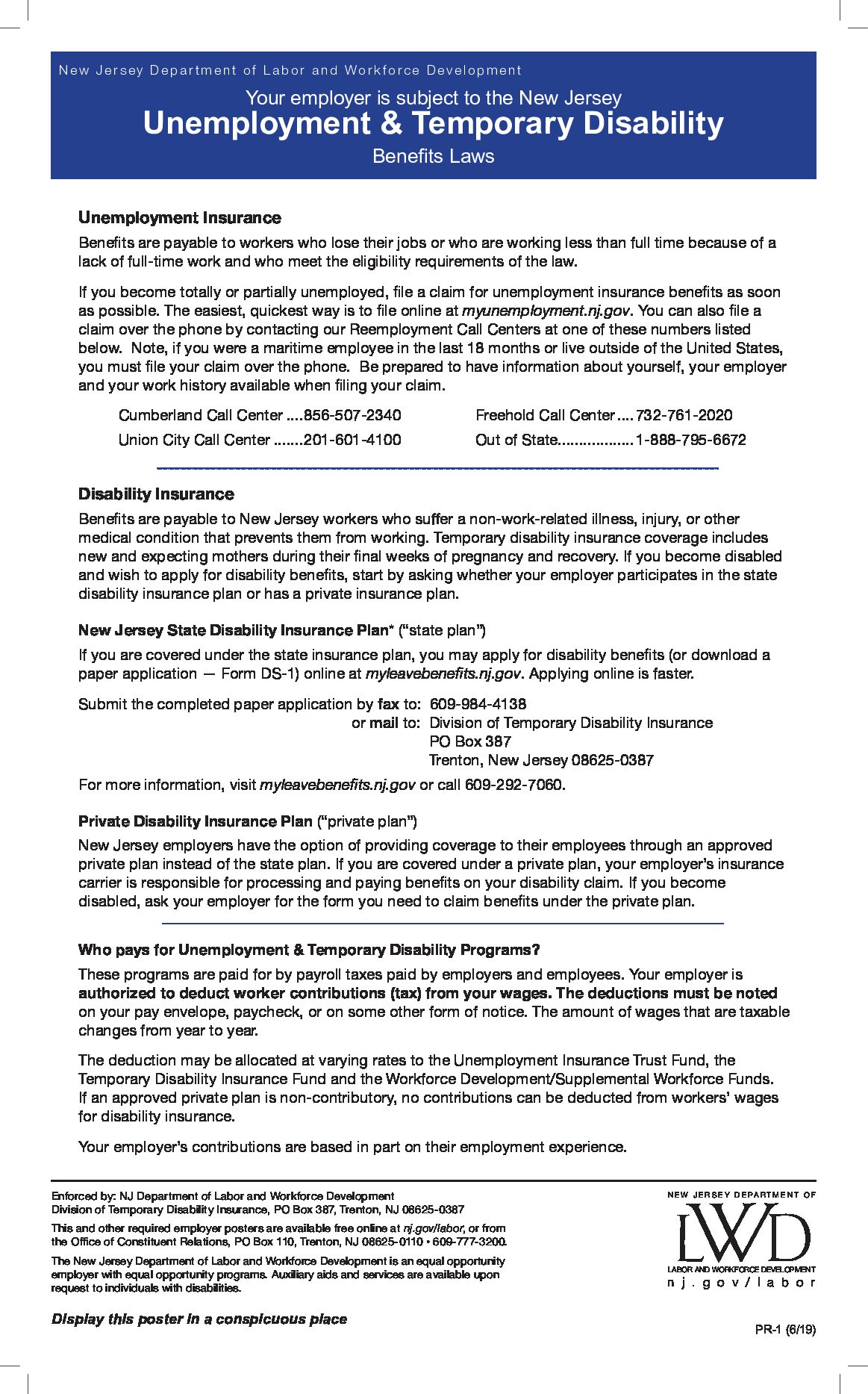 First-page preview of NJ Unemployment & Temporary Disability Poster