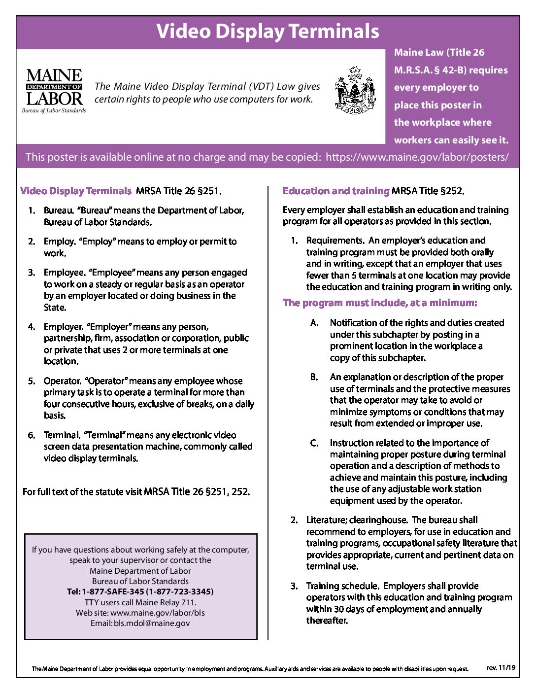 First-page preview of Maine Video Display Terminals Law Poster