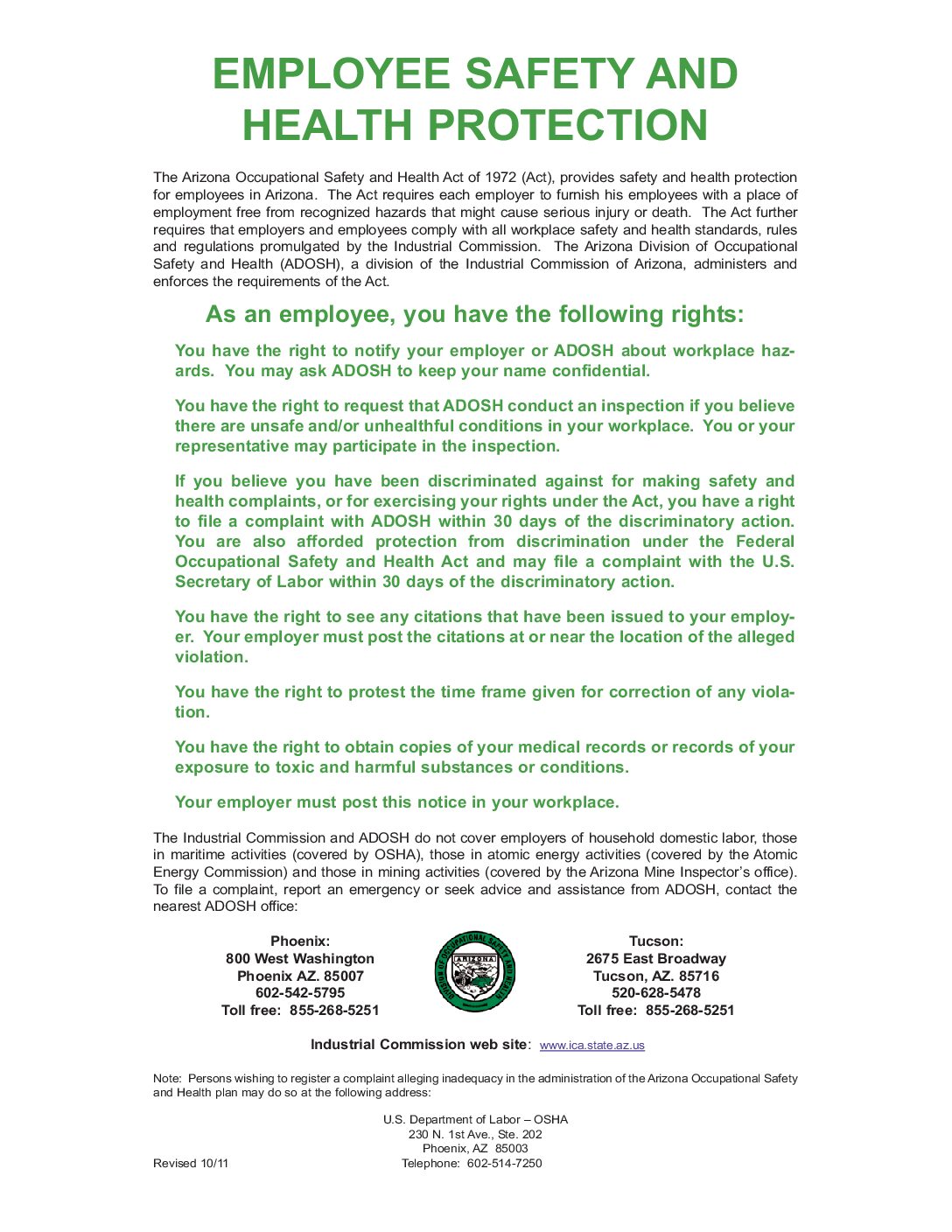 First-page preview of ARIZONA Employee Safety and Health Protection Poster