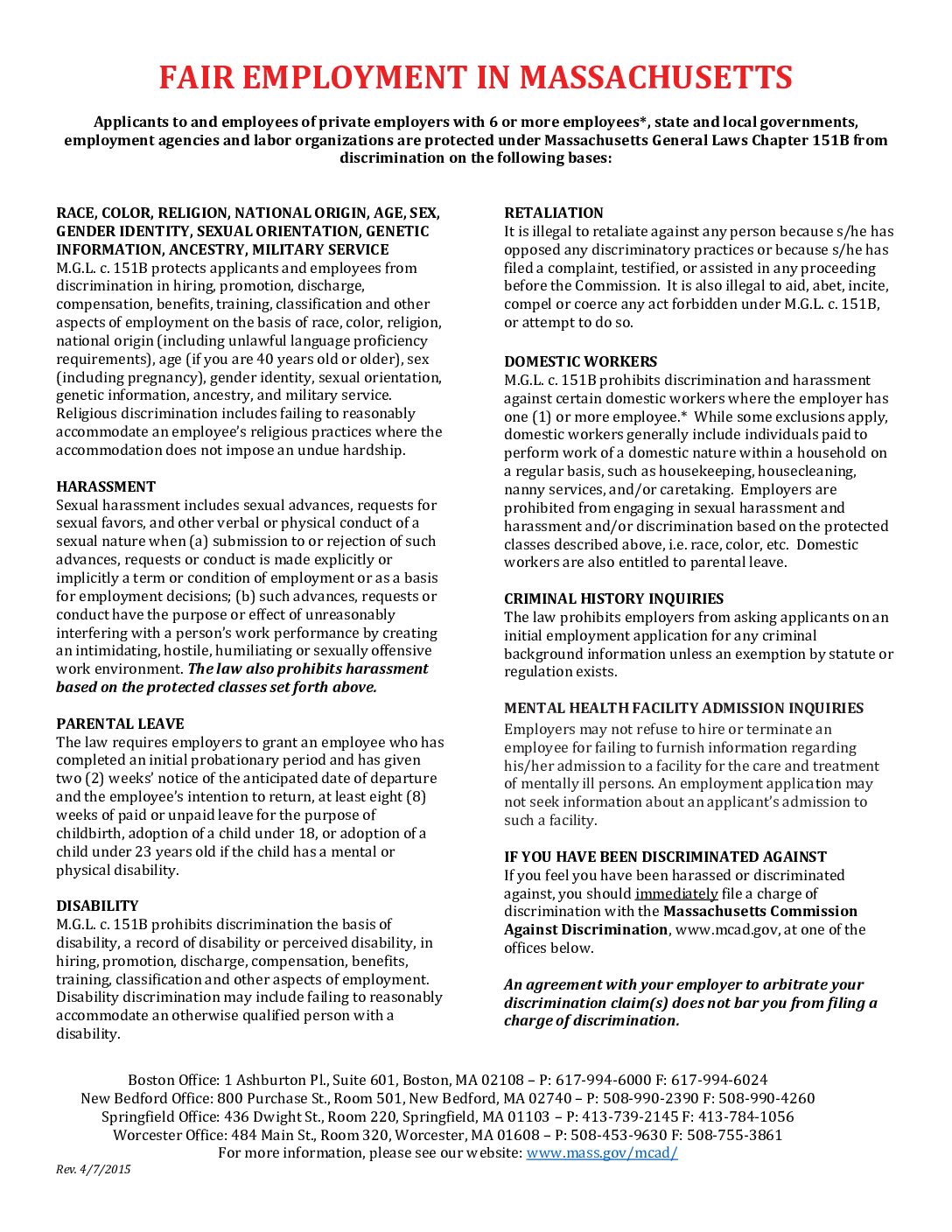 First-page preview of Massachusetts Fair Employment Law