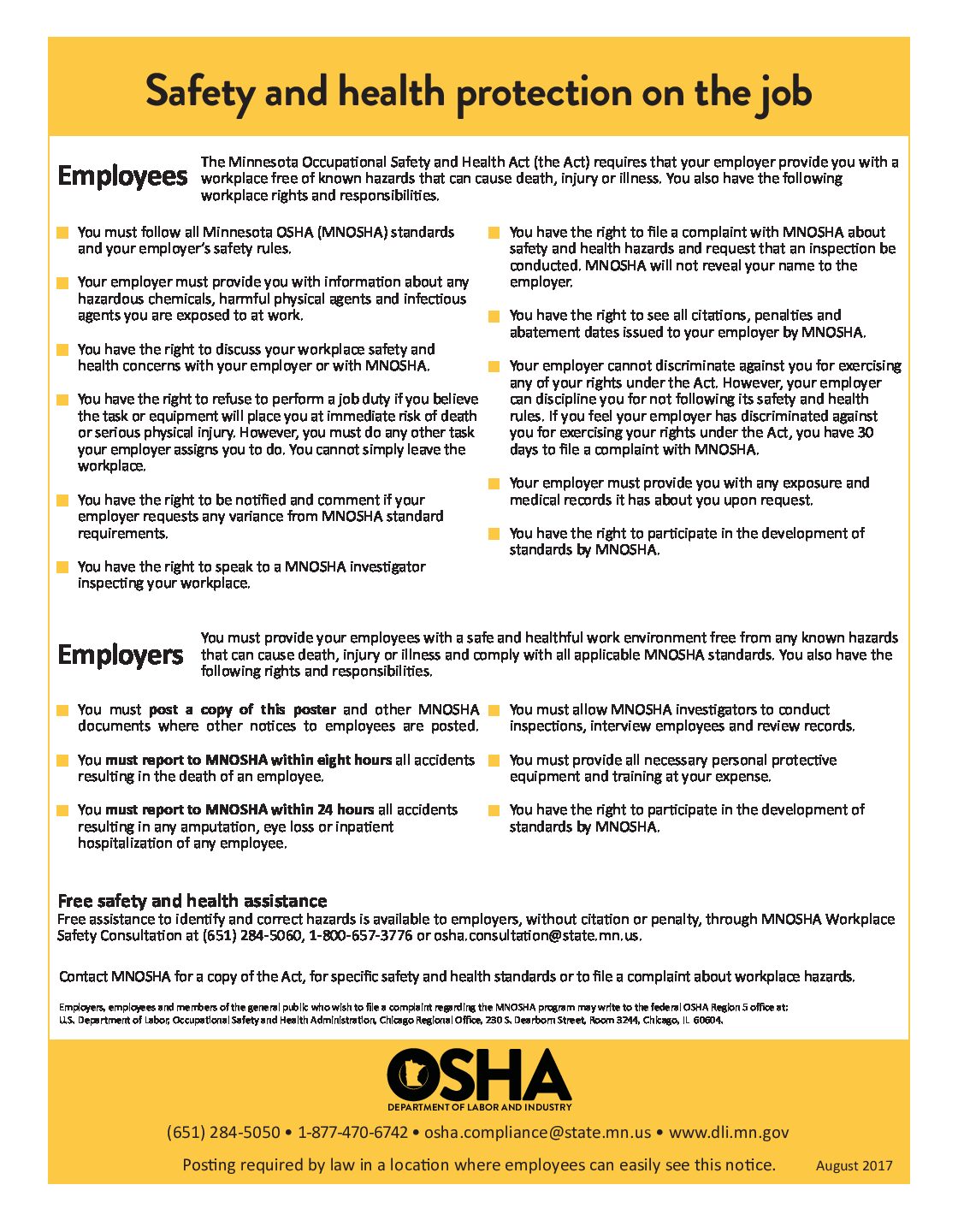 First-page preview of Minnesota Safety and health protection on the job