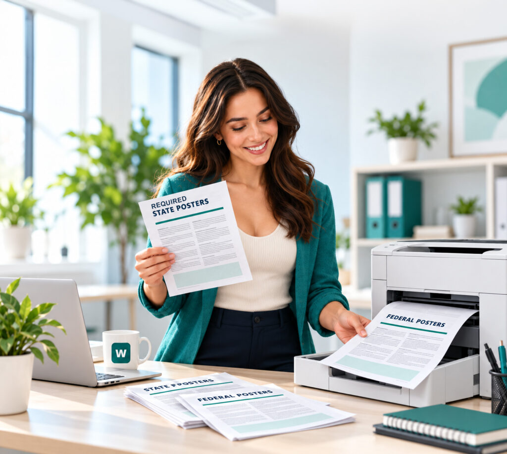 A person printing individual state and federal workplace posters.